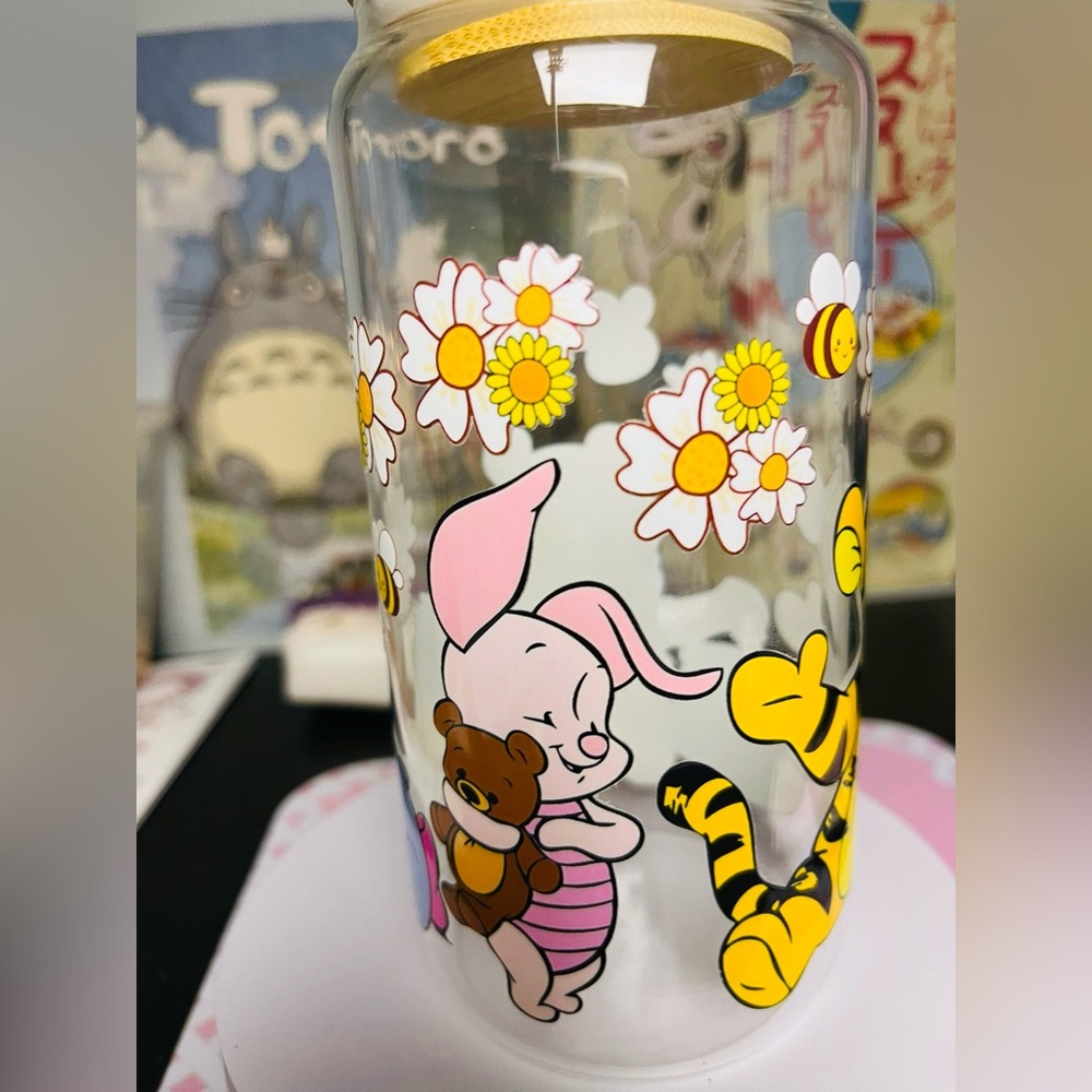 Cute Character Glass Tumbler with Straw - Yellow and Pink